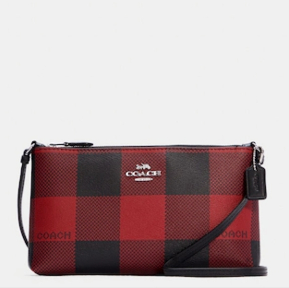COACH ZIP TOP CROSSBODY WITH BUFFALO PLAID PRINT RED & BLACK - Picture 1 of 4